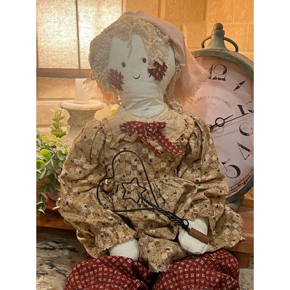 Handmade Primitive Rag Doll 19" Country Folk Art Farmhouse Decor Plaid Dress